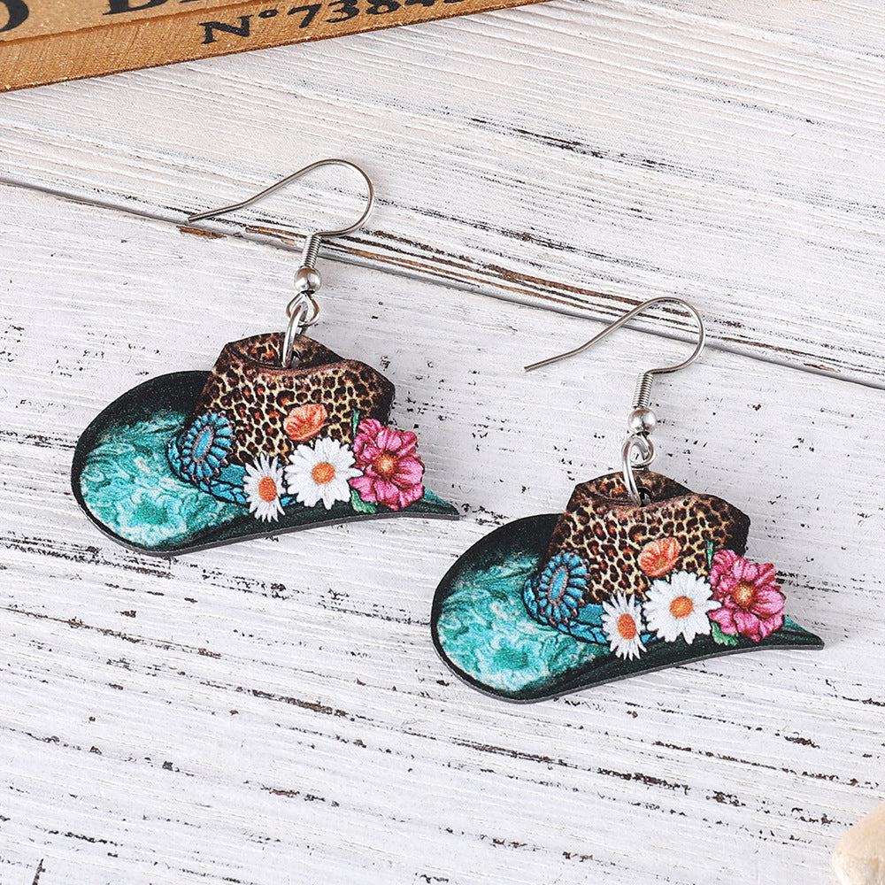 Wholesale Western style leopard print cowboy hat with wooden double-sided earrings